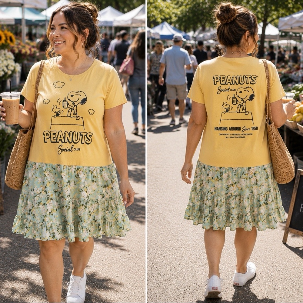 Peanuts Snoopy Mixed Media Dress Large Yellow Floral Tiered Casual Cute